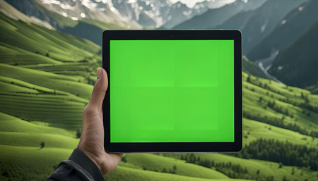 A hand holds a tablet with a green screen in front of a beautiful mountainous landscape with rolling green hills and snow-capped peaks.の写真素材