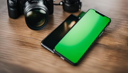 A close-up shot of a camera and a smartphone with a green screen display, lying on a wooden surface. The image highlights the modern technology and the potential for content creation and editing.の写真素材