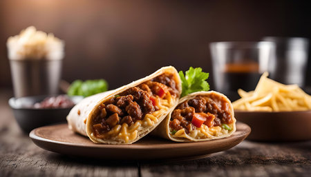 A close-up view of a delicious burrito filled with ground beef, cheese, and vegetables, ready to be enjoyed.の写真素材