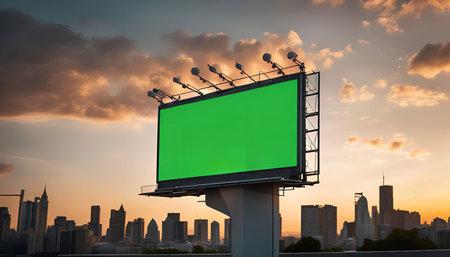 A large, blank billboard stands against a cityscape backdrop during a beautiful sunset. The green screen provides an opportunity for advertising and branding.の写真素材