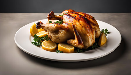 A roasted chicken garnished with lemon wedges and parsley, the chicken is cooked to a golden brown and resting on a white plate.の写真素材