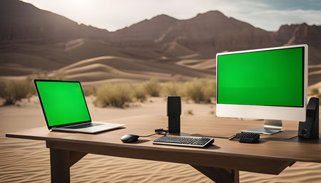 A laptop and a desktop computer set up on a wooden table in the desert with mountains and dunes in...