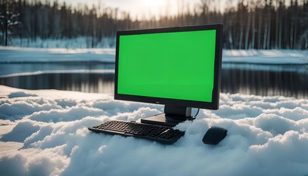 A computer with a green screen sits on a snowy landscape. There is a frozen lake and trees in the background.の写真素材