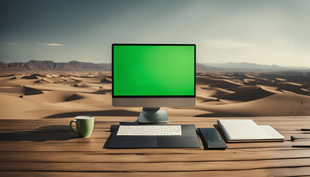 A modern desktop computer with a green screen monitor sits on a wooden table overlooking a vast desert landscape. The scene depicts a minimalist workspace with a sense of calm and focus.の写真素材