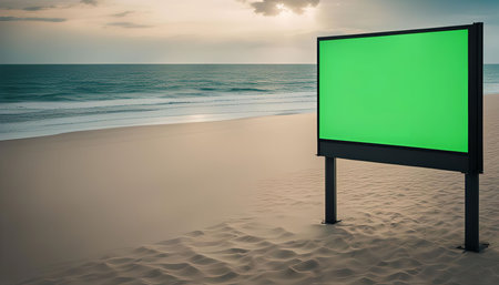 A green screen billboard stands on a sandy beach with the ocean and sunset in the background. The billboard is blank, perfect for your own advertisement or design. The image offers a tranquil and serene view of a tropical paradise.の写真素材