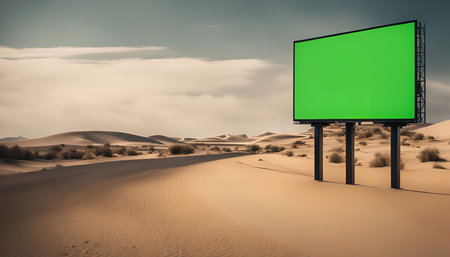 A large green screen billboard stands alone in a vast desert landscape. The sky is a clear blue with a few clouds, and the sun is shining brightly. The sand dunes stretch out as far as the eye can see.の写真素材