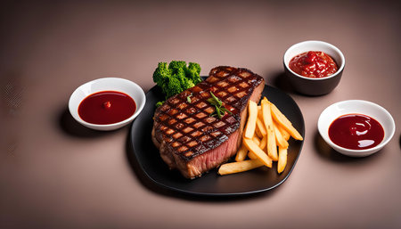 A juicy steak with french fries, broccoli and dipping sauce on a black plate.の写真素材