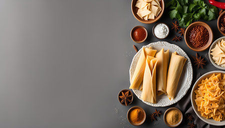 A plate of tamales surrounded by various ingredients like chiles, cilantro, sour cream, spices, and corn husks on a gray backgroundの写真素材