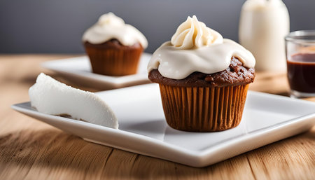 Two freshly baked cupcakes with white frosting are displayed on a white plate, surrounded by a wooden table, inviting a sweet indulgence.の写真素材