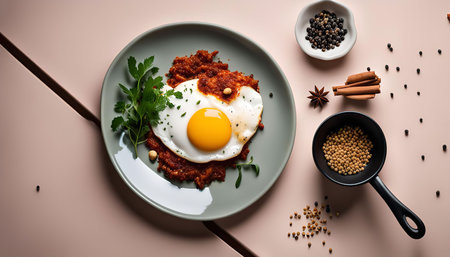 A fried egg with a bright yellow yolk is presented on a plate with parsley. There are different spices around the egg, adding flavor and visual appeal.の写真素材