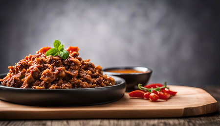 Close-up image of a delicious spicy chili chicken dish on a wooden cutting board. The dish is served with red peppers and a small bowl of sauce.の写真素材