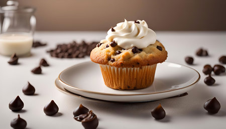 A close-up of a chocolate chip muffin with whipped cream on a white plate surrounded by chocolate chips.の写真素材