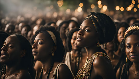 A portrait of a group of African women in a crowd, dressed in traditional clothing and jewelry, looking intently at something off camera.の写真素材