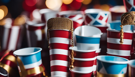 Close-up shot of red and blue striped party cups with gold accents. The cups are arranged in a still...