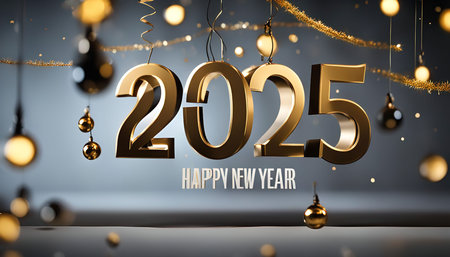 A festive image celebrating the New Year 2025. Golden numbers hang against a sparkling gray...
