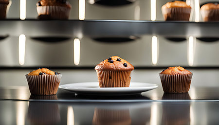A close up view of three muffins on a white plate, sitting on a counter, with the light coming from behind the muffins.の写真素材