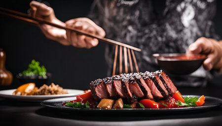A close-up of a beautifully seared steak on a black plate with vegetables, with steam rising from the steak, a professional chef is seen in the background plating the dish, the food is perfectly plated and illuminated for a visual feast.の写真素材