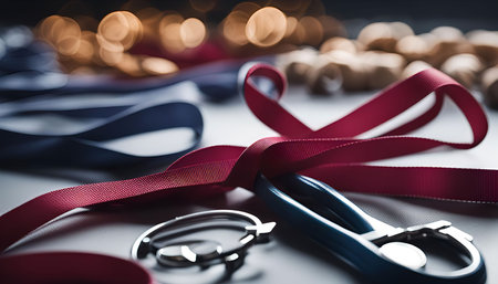 A close-up of a red ribbon and a stethoscope laying on a white surface. The ribbon is tied in a bow and is a symbol of success and achievement.の写真素材