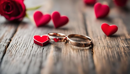 A close-up image of two wedding rings lying on a rustic wooden background, surrounded by red hearts. The image symbolizes love, commitment, and romance.の写真素材