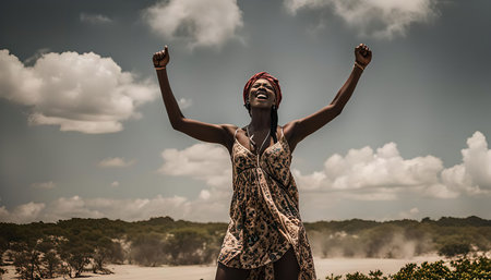 A woman in a flowing dress and vibrant headwrap stands with arms raised, expressing pure joy and freedom against a backdrop of a bright blue sky and clouds.の写真素材