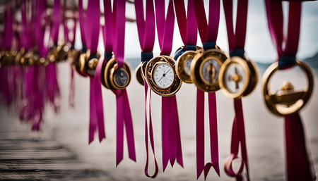 A collection of gold nautical timepieces, likely ship's clocks, hanging on pink ribbons. The image captures the essence of maritime history and nautical elegance.の写真素材