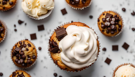 A close-up view of cupcakes with white frosting, some are topped with chocolate chips and pieces of...