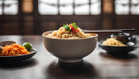 A close-up shot of a bowl of noodles, garnished with herbs and chili peppers, with chopsticks resting on the rim. A second bowl of noodles can be seen in the background, along with a small dish of what appears to be rice.の写真素材
