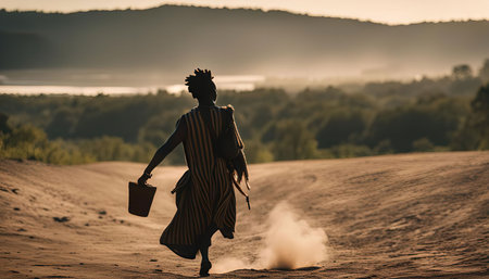A man in traditional clothing runs along a sandy path, kicking up dust as he goes. The setting sun casts a warm glow on the landscape.の写真素材