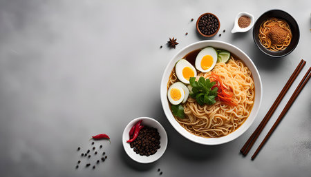 A bowl of ramen noodles with eggs and vegetables on a gray background. The ramen is garnished with...