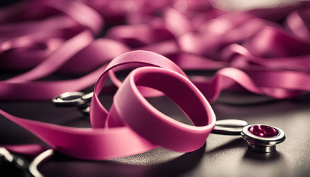 A close up image of a pink ribbon and a stethoscope, representing support and awareness for medical causesの写真素材