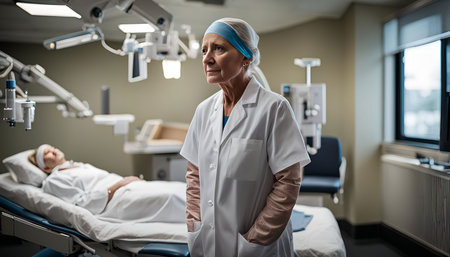 A doctor stands in a hospital room, looking towards the patient lying in a bed.の写真素材
