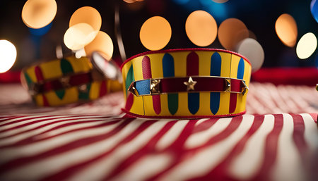 Close-up shot of a colorful leather band with stars on a striped fabric. The band has red, yellow, blue, and green stripes and a gold star detail. The fabric is a white and red striped pattern, and the background is blurred with warm colors.の写真素材