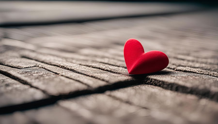 A single red heart rests on a rustic wooden surface. The heart is a symbol of love and romance, and the wooden background adds a natural and warm feeling to the image.の写真素材