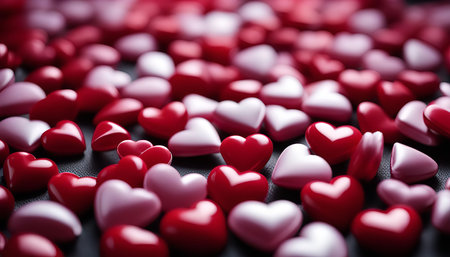 A close-up image of red and pink hearts scattered on a dark background. They represent love, romance, and Valentine's Day.の写真素材