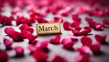 A close-up photo of a sign saying 'March' placed on a background of pink rose petals.
