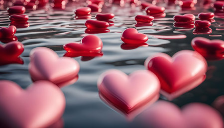 A collection of red and pink hearts float on a rippling surface of water. The hearts are glossy and reflect the light beautifully. The image creates a sense of love and romance.の写真素材