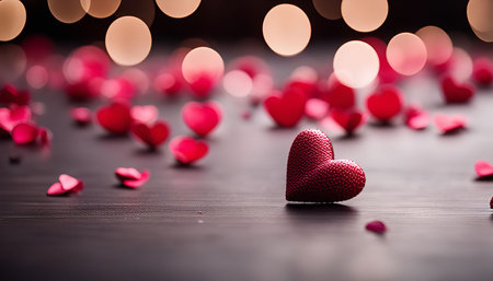 A single red heart with glitter on a dark background surrounded by blurred hearts and bokeh lights.の写真素材