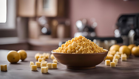 A close-up of couscous in a bowl on a kitchen counter. The couscous is a popular North African and Middle Eastern dish, made from semolina flour.の写真素材