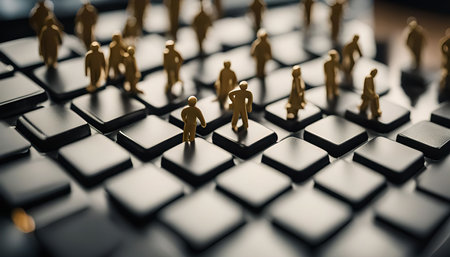A shallow depth of field image of miniature figures standing on a computer keyboard, symbolizing the digital world and the increasing reliance on technology for communication and interaction.の写真素材