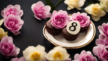 Three cupcakes with pink roses on top, a decorated cupcake with the number 8 on top, and pink and yellow flowers surrounding them. A celebration of International Women's Day.の写真素材