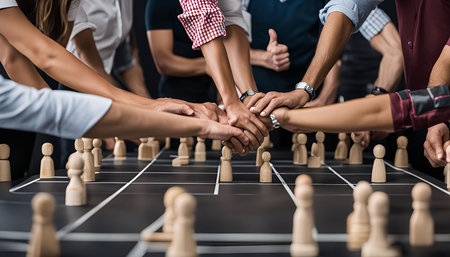 A group of people, their hands stacked on top of each other, symbolizing unity and teamwork. The...