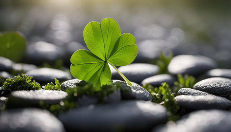A close up shot of a single clover leaf growing amongst a bed of smooth, gray stones in a garden.の写真素材