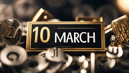 The image depicts a gold calendar sign with the date '10 March' in bold font. It's set against a...