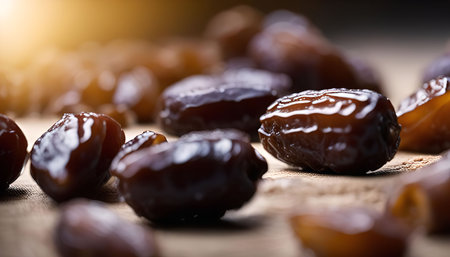 Close up of dates on a wooden surface with shallow depth of field, creating a captivating view.
