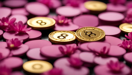 Close-up shot of gold coins with the number 8 on them, surrounded by pink circles and pink flowers. The photo is taken from a close-up perspective and shows the detailed texture and color of the coins.の写真素材