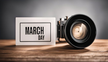 A close-up shot of a vintage camera lens with a card that reads 'March Day' resting on a wooden...