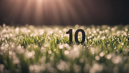A closeup shot of the number ten placed in a field of grass, with the sunlight reflecting off the...