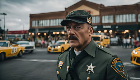 A man in a police uniform stands in the middle of a busy city street, with a crowd of people and...
