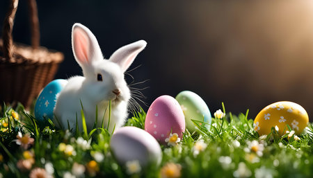 A white Easter bunny with long ears sits in a meadow of green grass with colorful Easter eggs and...