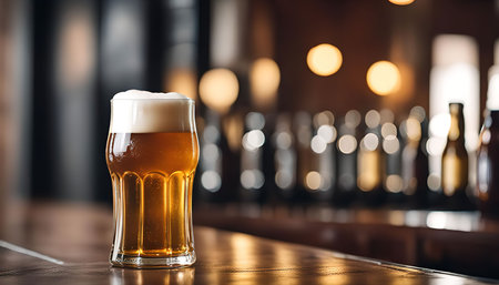 A glass of beer on a bar counter with a blurred background of bottles and lights.